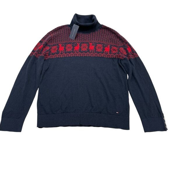 Tommy Hilfiger Sweater Womens‎ L Blue Reindeer Turtleneck Pullover Holiday Cabin - Picture 1 of 11
